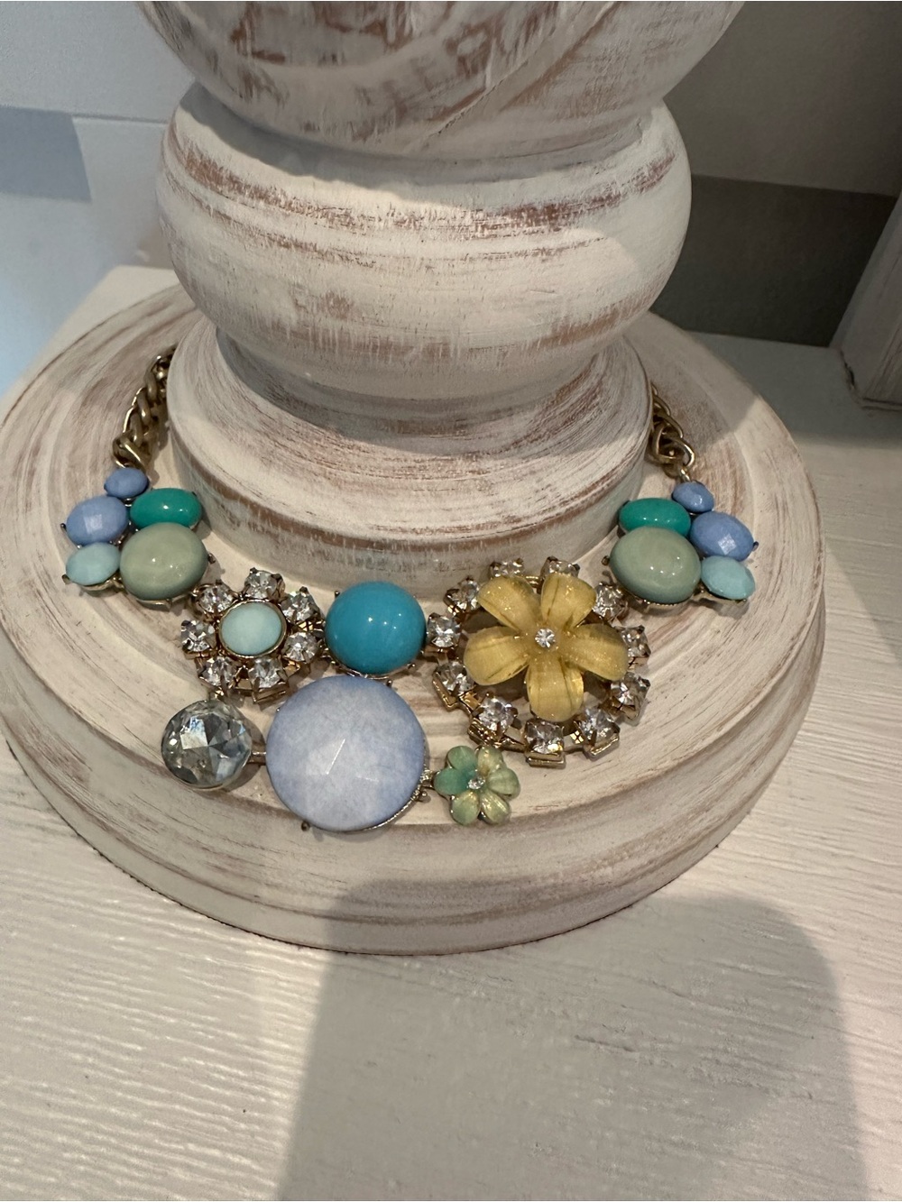 Gold-Tone Multi-Color Floral Statement Necklace - Blue, Yellow, Mint
